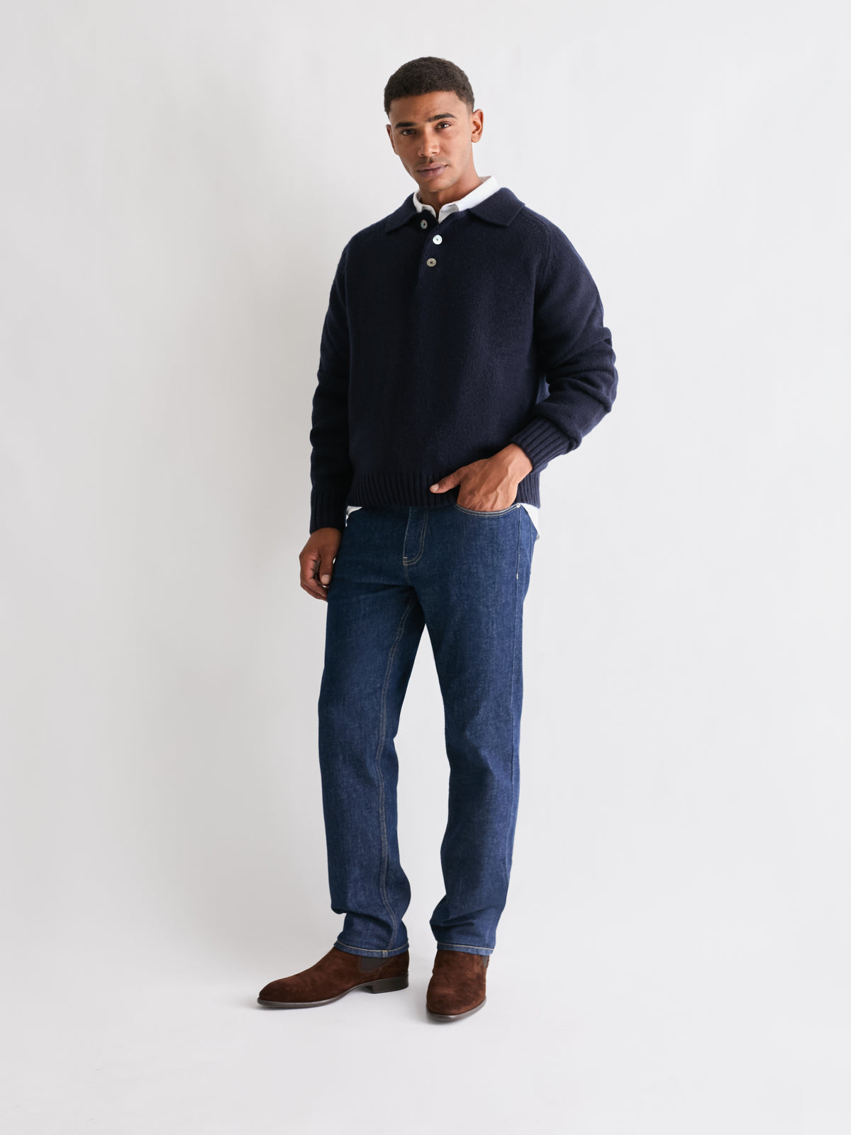 The 24 Shaggy Knit Polo, Navy, three-quarter front