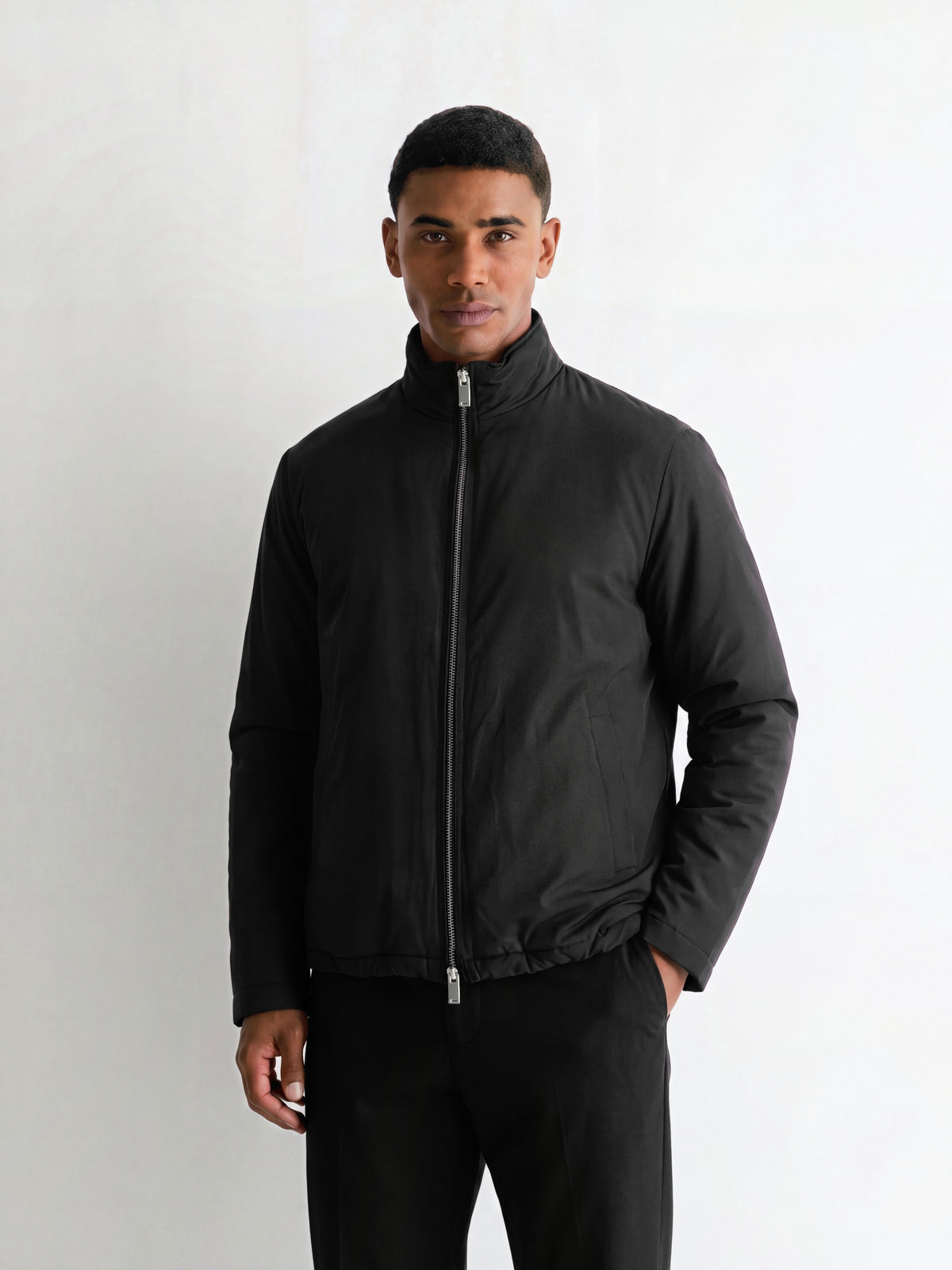 The 360° Thermal Jacket Funnel Neck, Black, front, zipped