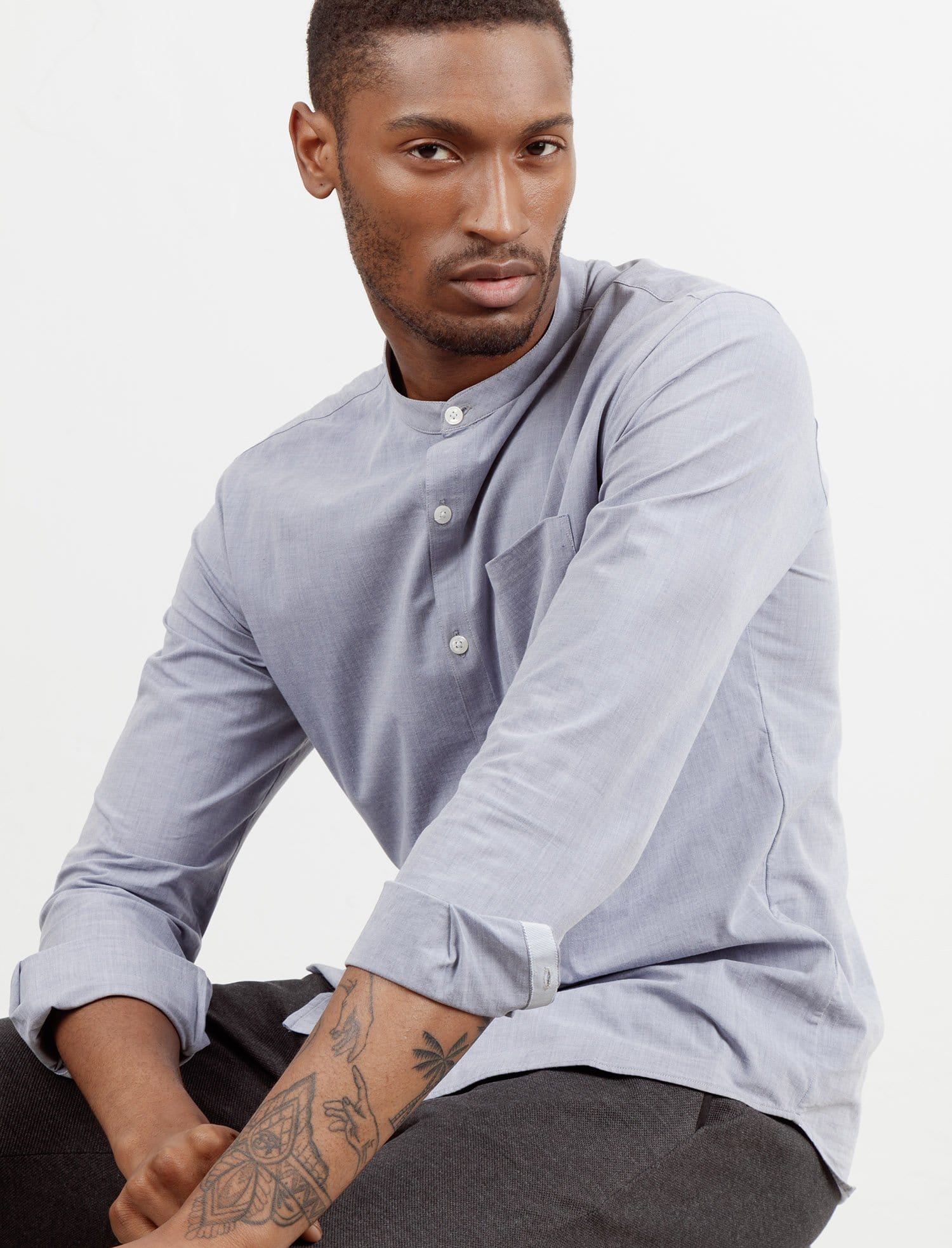 The All Day Shirt || Navy-Chambray | Collarless